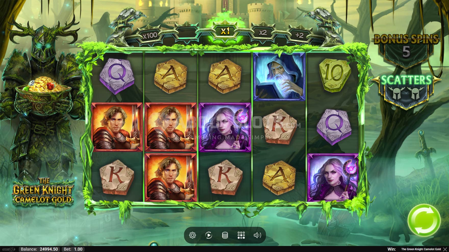 Screenshot of the base game, showing a 5x3 grid on a backdrop of a swamp, with the Green Knight standing on the left.