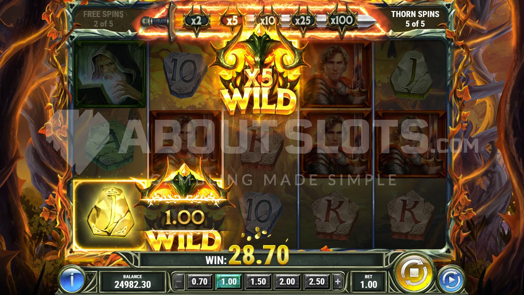 Thorn Spins bonus in progress, showing two x5 Multiplier Wilds added on reels 2 and 3.