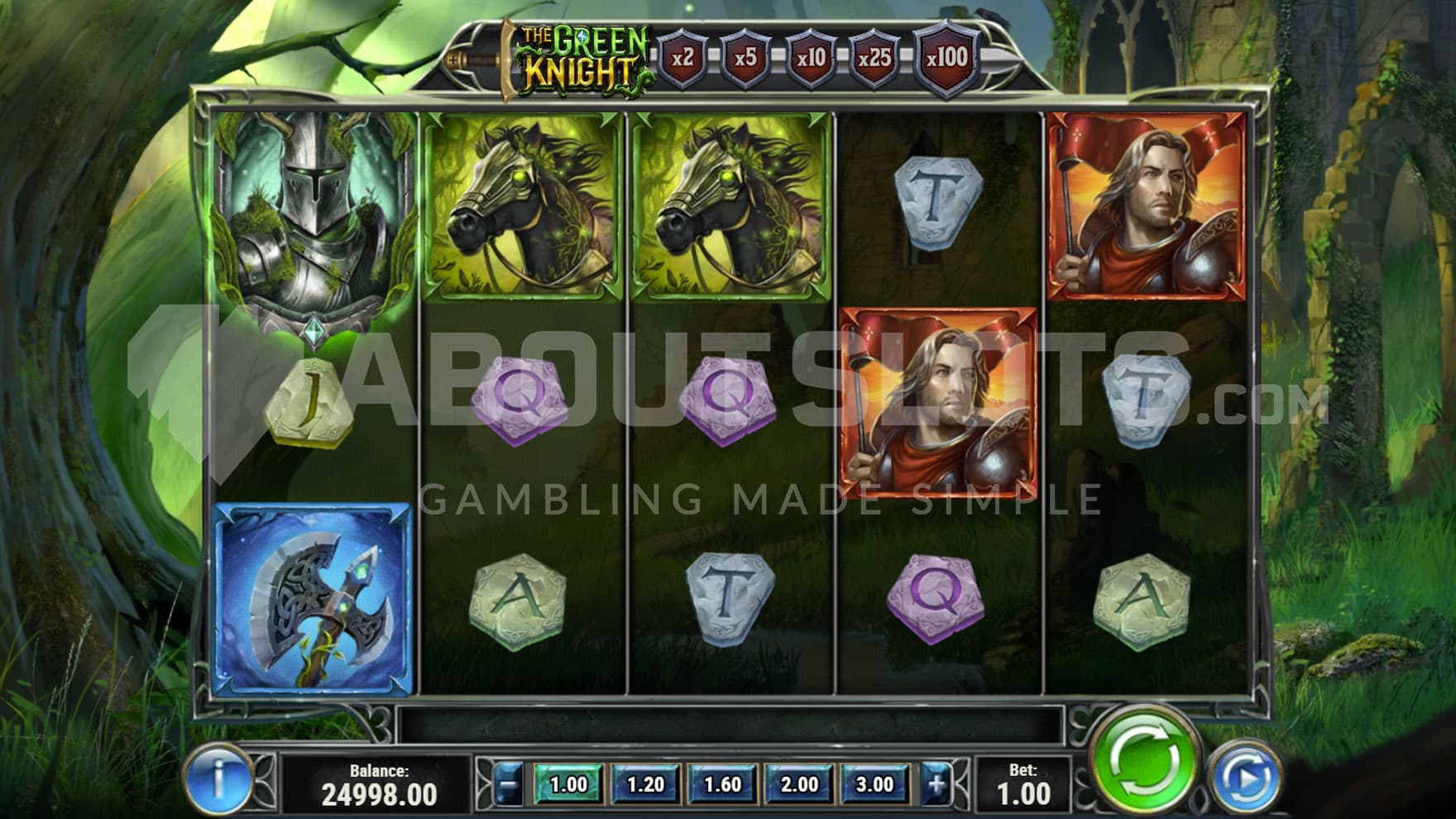 Base Game view of a 5x3 grid on a backdrop of a deep forest with remains of a sanctuary.