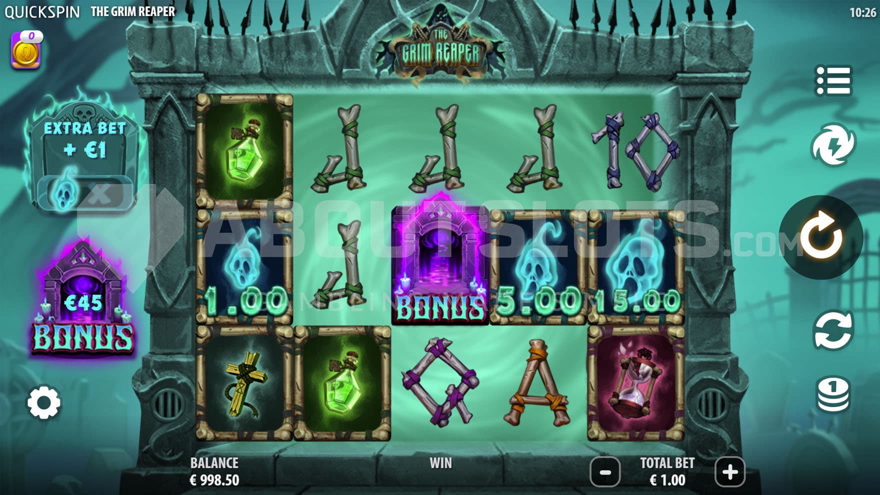 Base Game view of a 5x3 grid on a backdrop of a spooky cemetery.