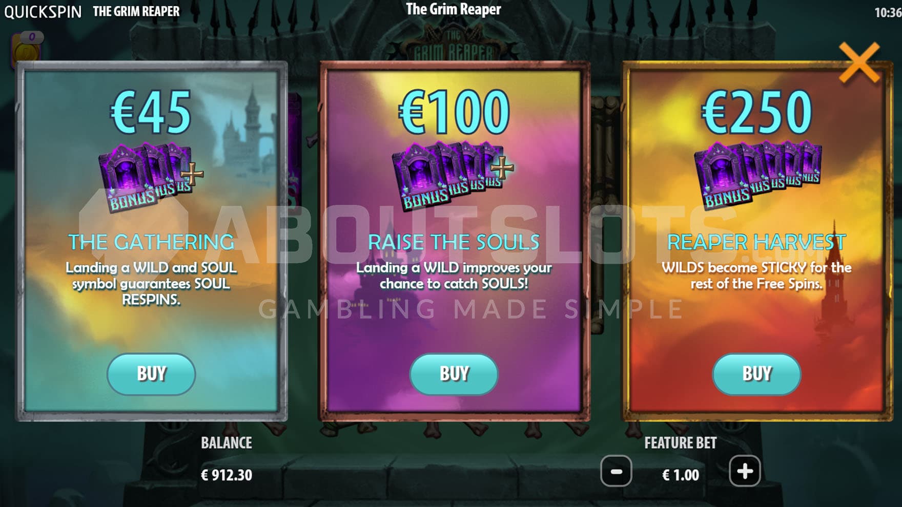 Feature Buy screen showing multiple options for triggering the bonus rounds.