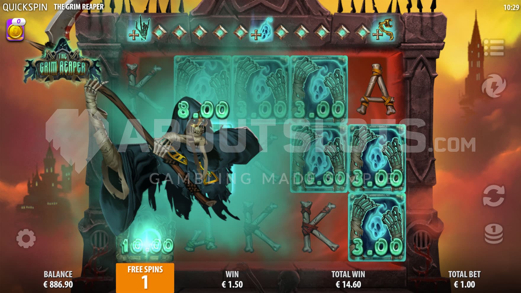 Free Spins bonus in progress, showing mutliple Soul cash symbols being collected by the Wild Grim Reaper.