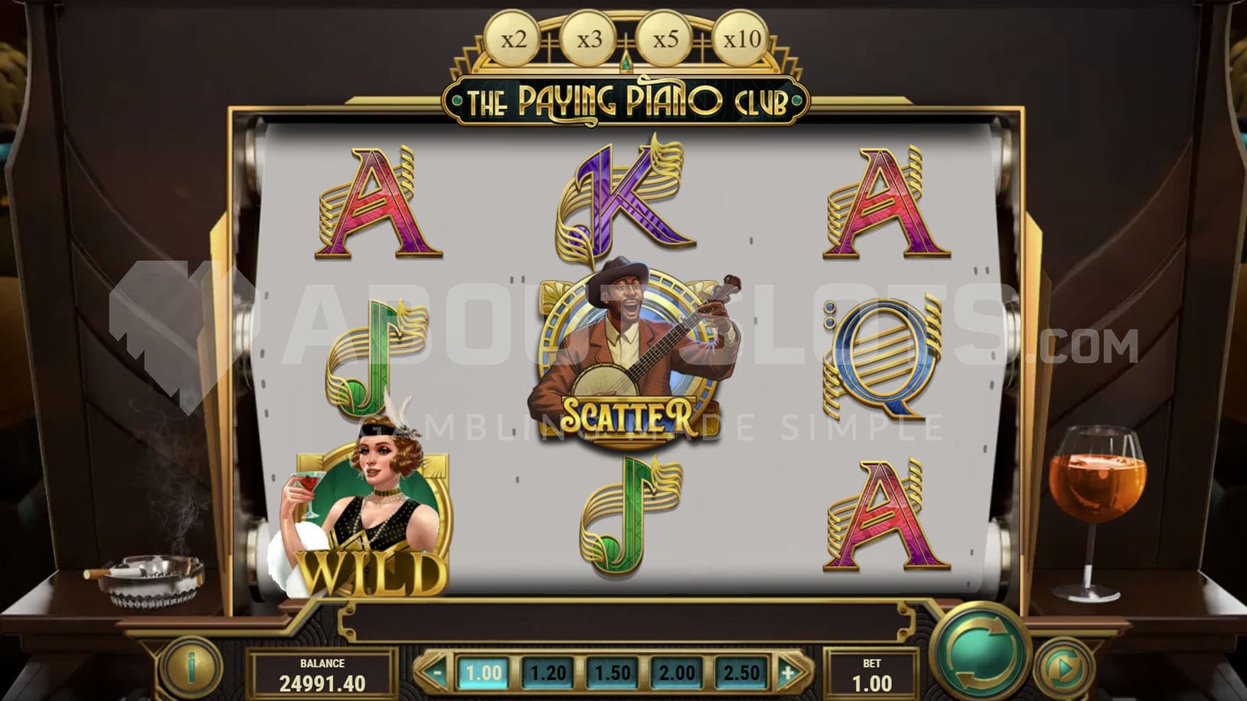 Base Game view of a 3x3 gird on a backdrop of a self-playing piano.