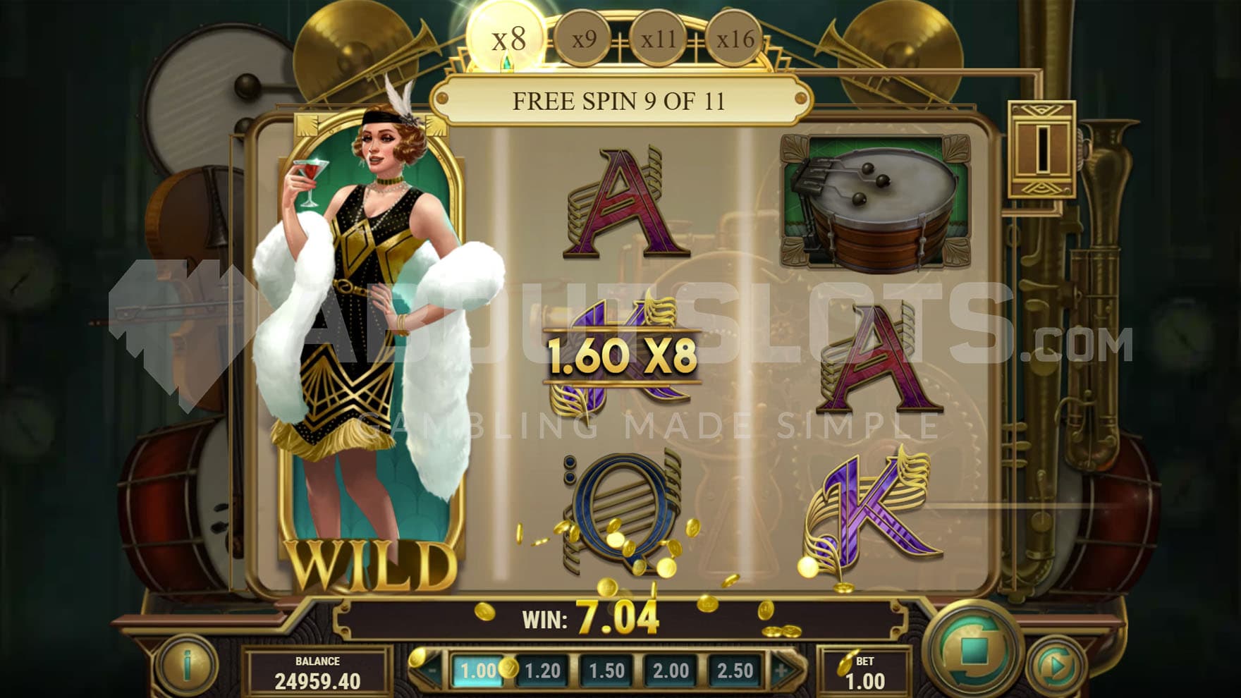 Free Spins bonus in progress, showing a fully stacked Wild on reel 1 that activates an x8 win multiplier.