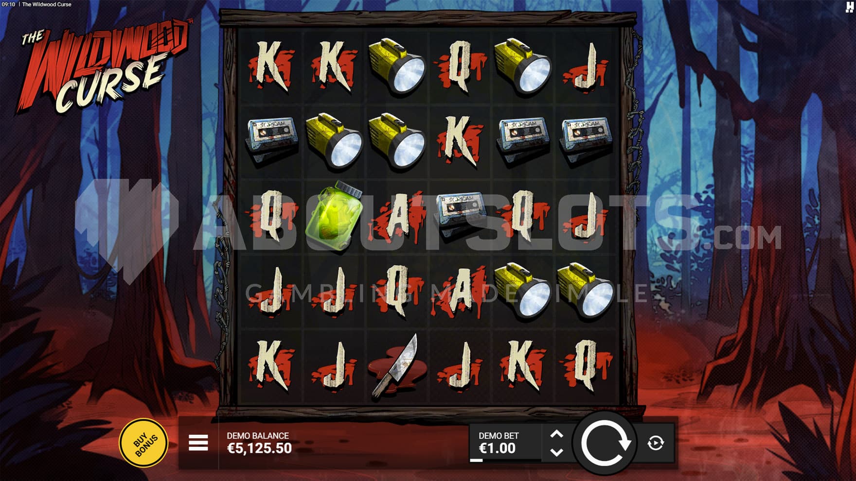 Base Game view of a 6x5 grid on a backdrop of a dark, ominous forest.