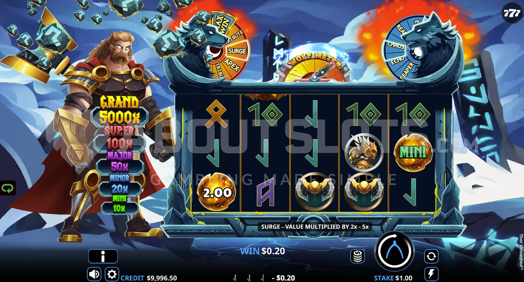 Base Game view of a 5x3 grid on a backdrop of a witry landscape, with Thor standing on the right.