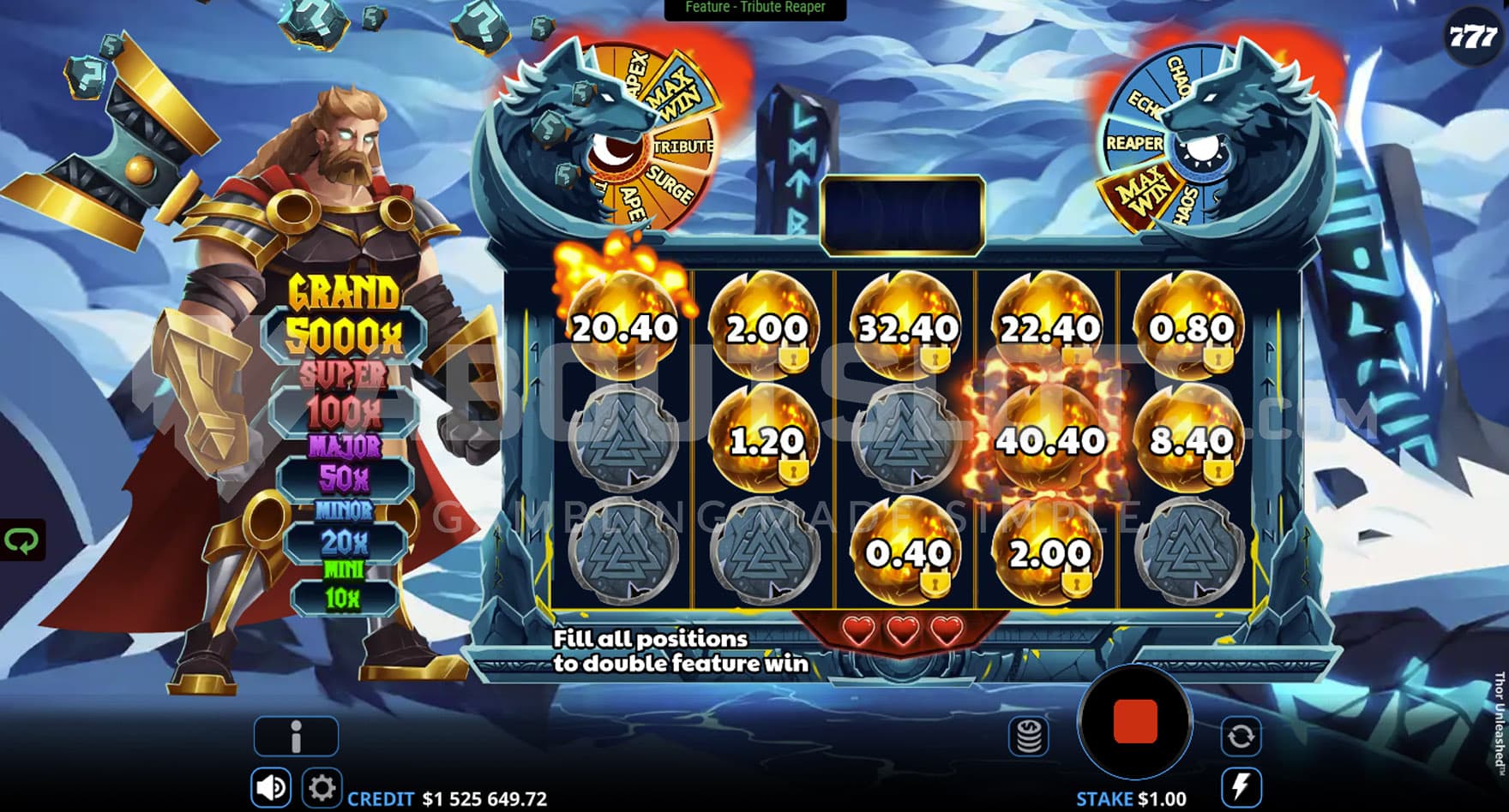 Bonus Feature in progress, showing multiple symbols with cash prizes locked on the grid.