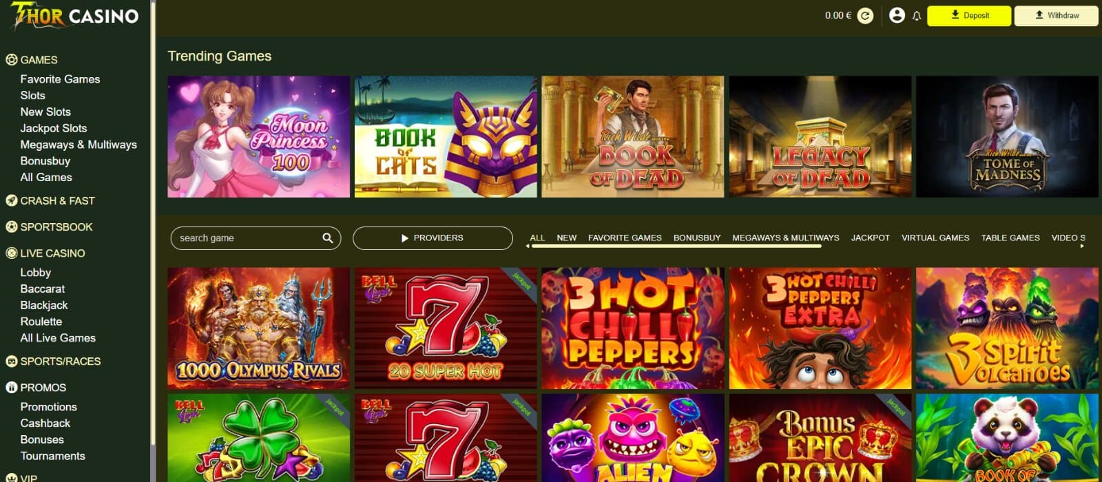 ThorCasino's game page features Moon Princess 100, Book of Cats, and Book of Dead, with a full sidebar for slots, live casino, and sportsbook.