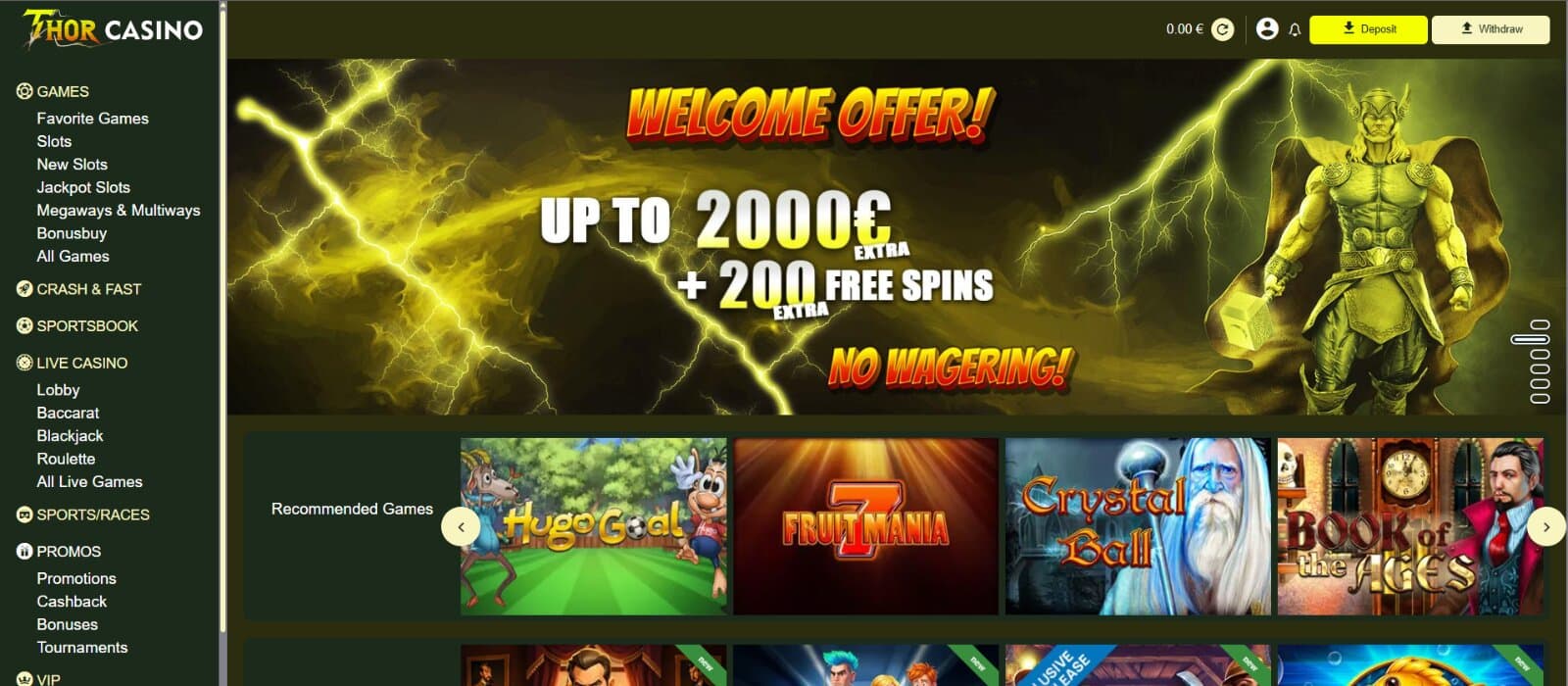 ThorCasino's homepage promotes a welcome offer of up to €2000 + 200 free spins with no wagering.