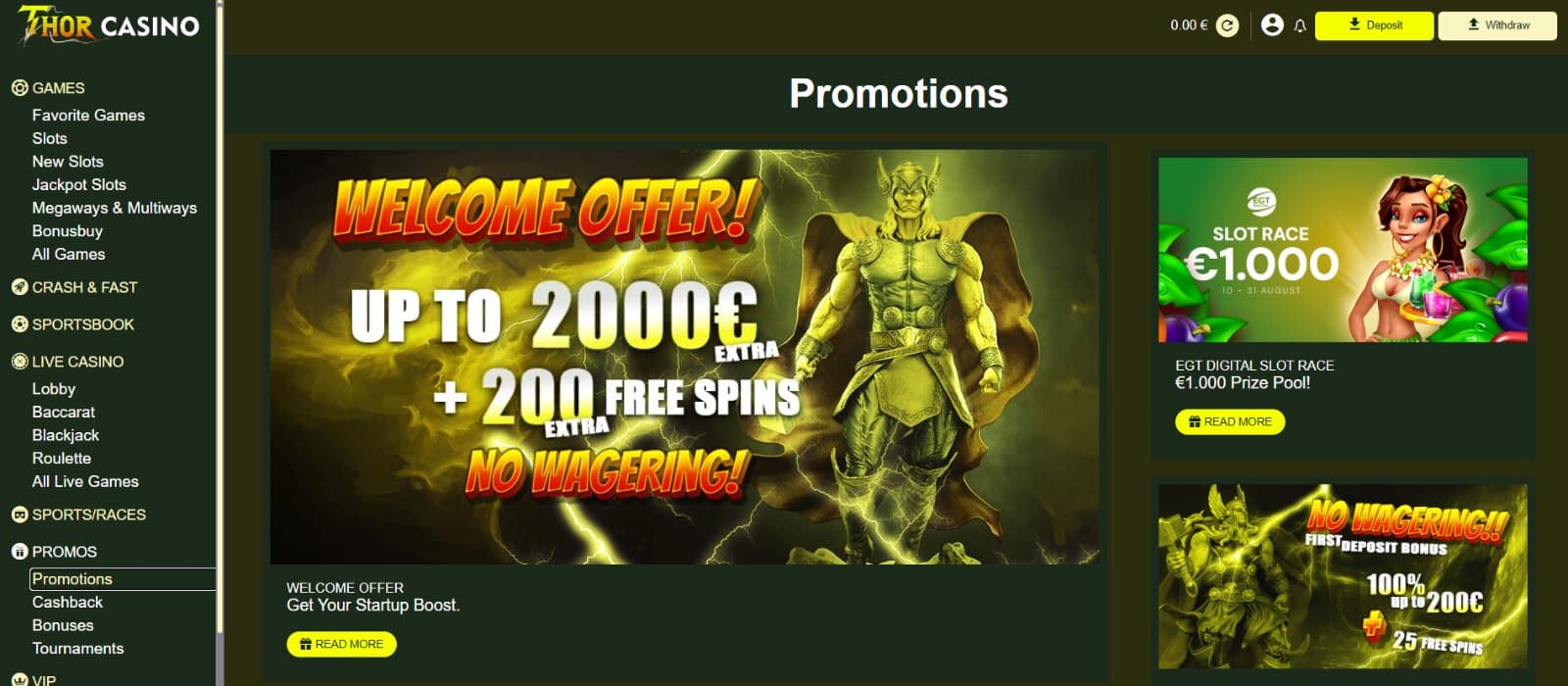 ThorCasino's Promotions page shows the €2000 + 200 free spins welcome offer.