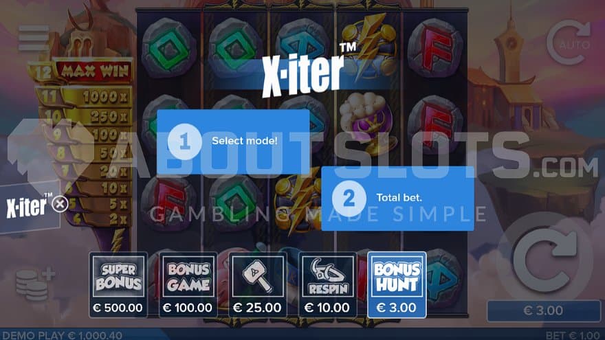 A menu offering features for between 3X and 500X the bet.