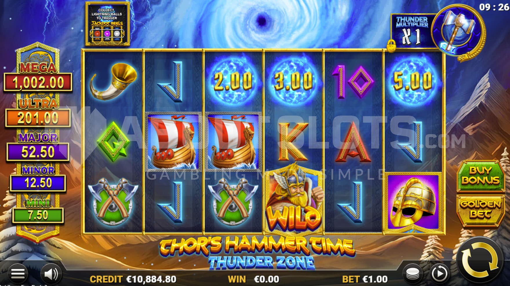 Base Game view of a 6x3 grid on a backdrop of a natural mountainous landscape with a storm raging in the sky.