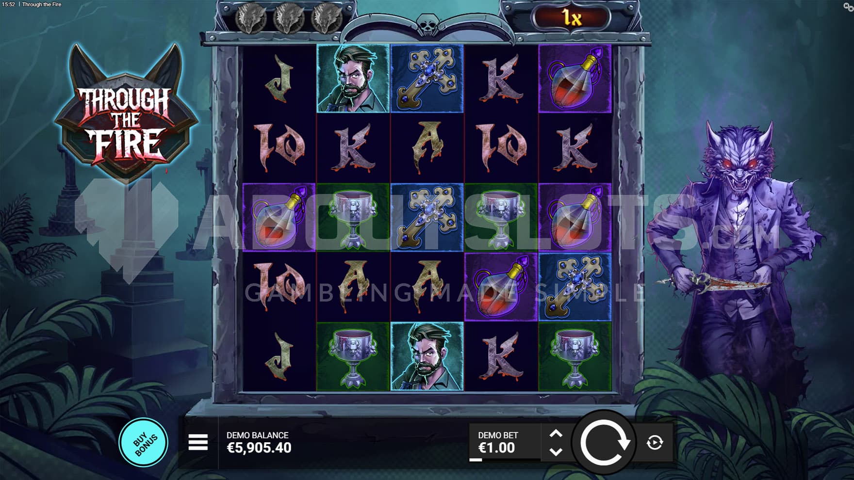 Base Game view of a 5x5 grid on a backdrop of a dark jungle, with a werewolf-like monster standing on the right.