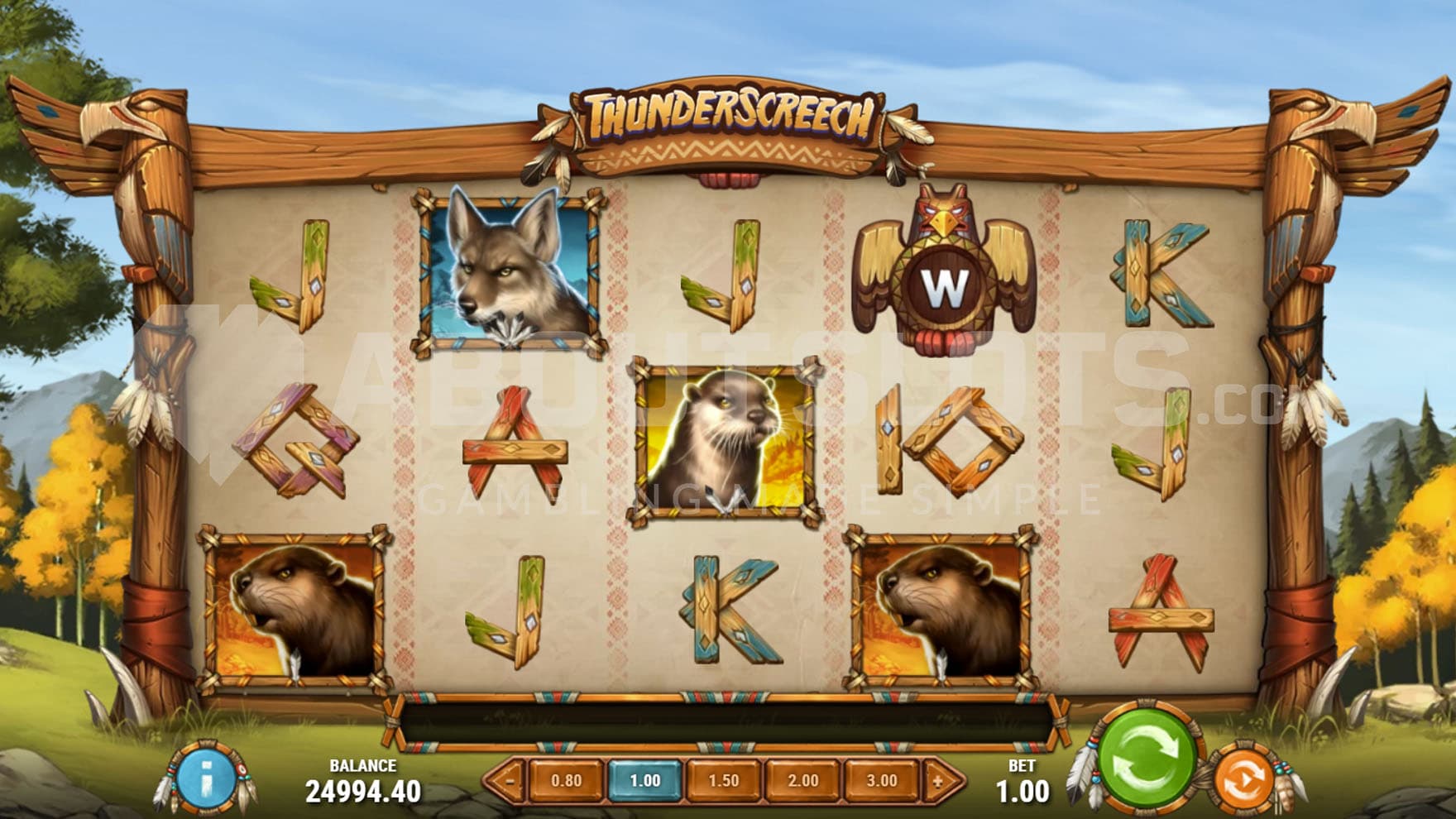 Base Game view of a 5x3 grid on a backdrop showing natural landscape with mountains and forests.