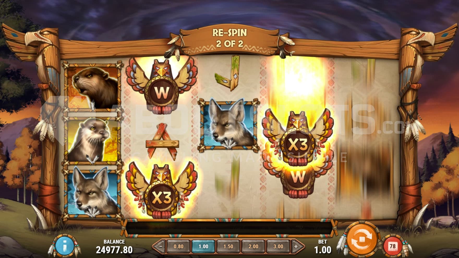 Strike Feature triggered in the base game, awarding re-spins and Wilds with growing multpliers.