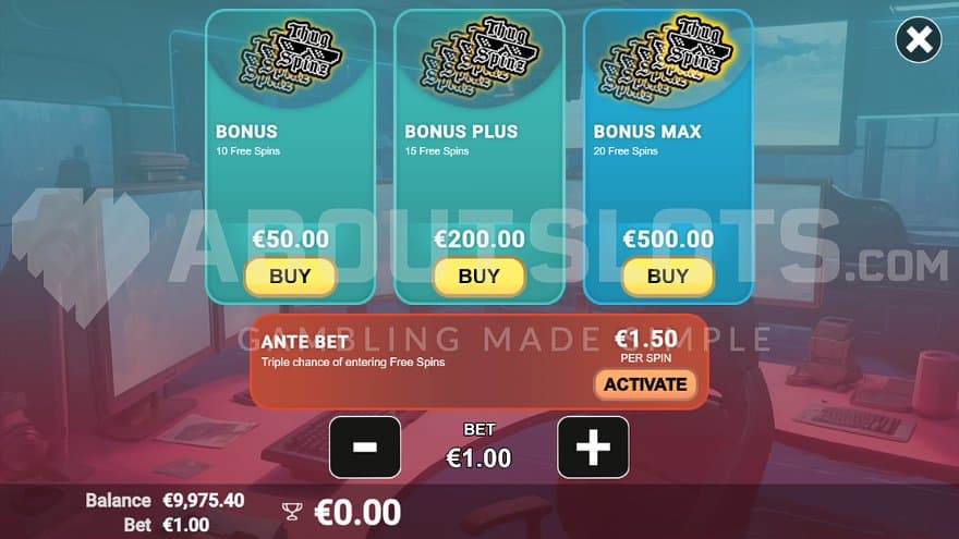 A screen offering the Free Spins for 50X the bet, the Free Spins Plus for 200X the bet, and the Free Spins Max for 500X the bet.