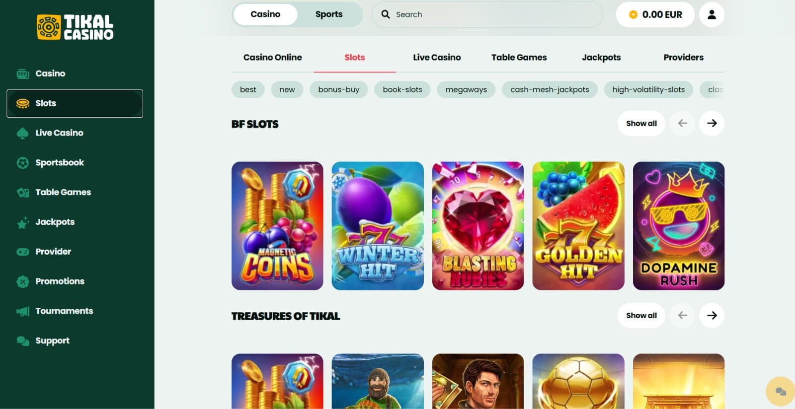 Tikal Casino's games page displaying the slot icons of titles such as Big Bass Bonanza and Book of Dead, next to side navigation menu