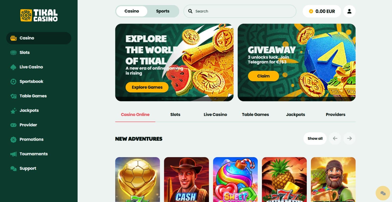 Tikal Casino's landing page featuring the casino and sports promo banners above main game categories and icons