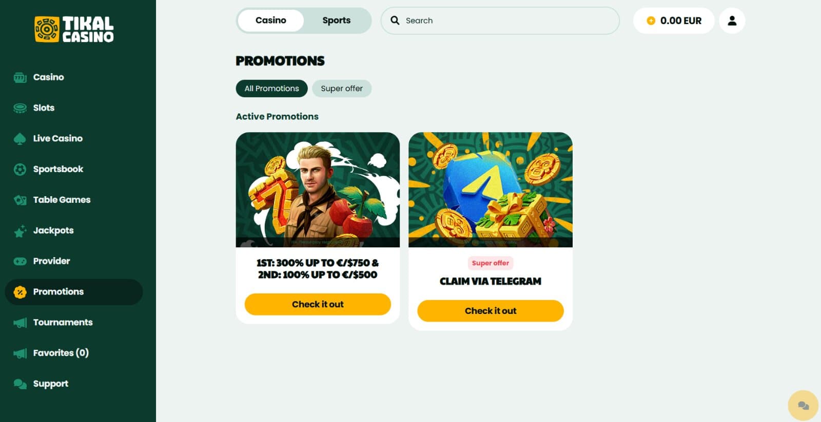Tikal Casino's promotions page featuring the welcome bonus, Telegram bonus, and free spins reload bonuses
