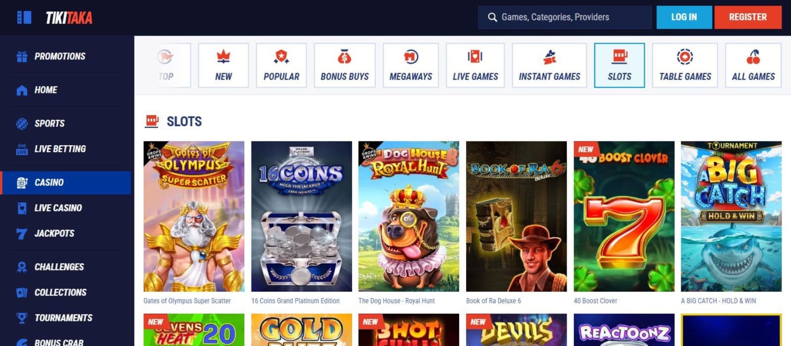Tikitaka Casino's slot games category, showing titles like Gates of Olympus Super Scatter and other games.