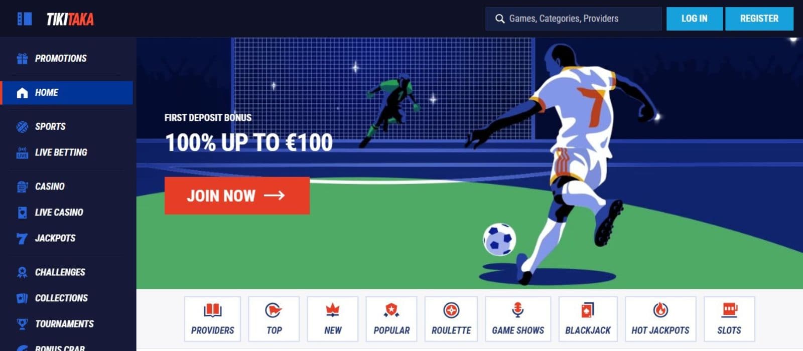 Tikitaka Casino's homepage, showing the sports welcome bonus, a game avatar, and a sidebar menu.