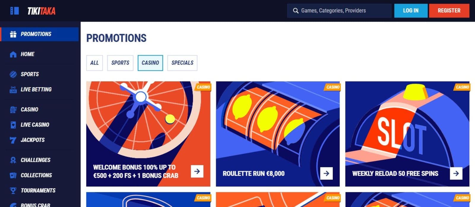 Tikitaka Casino's promotion page, showing the casino welcome package and other bonuses.