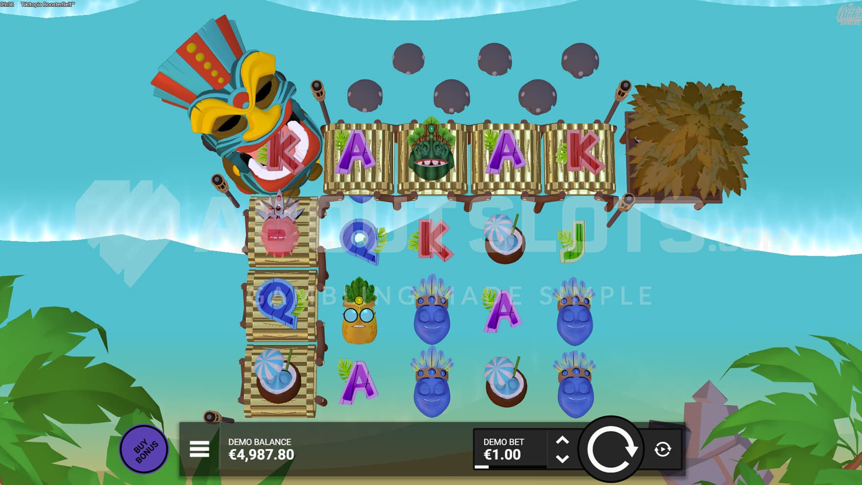 Base Game view of a 5x4 grid set up between two conveyor belts with a tiki totem in the top left corner.