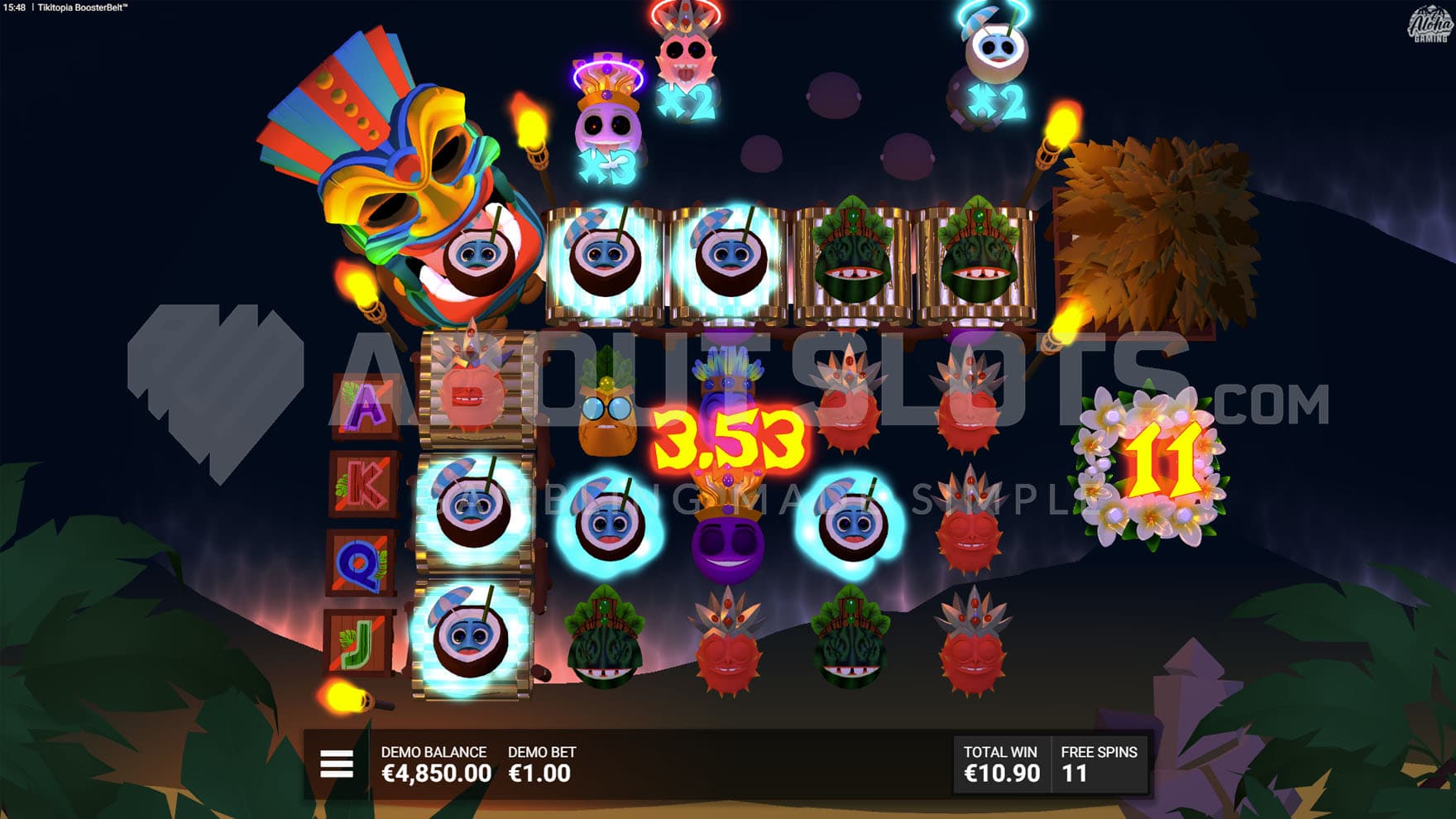Nothing But Fruit Bonus in progress, showing several symbols with increased multipliers.