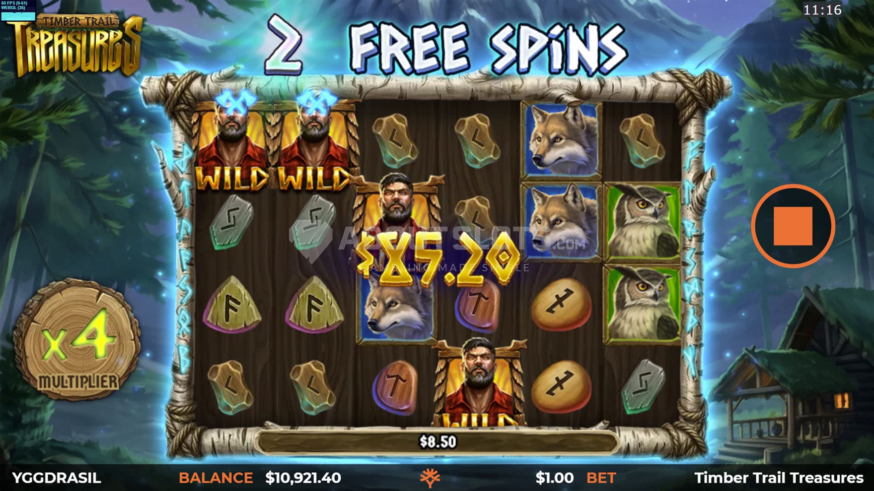 Screenshot of the Free Spins bonus in progress, showing a multiplier increased to x4 and a high win with Wilds.