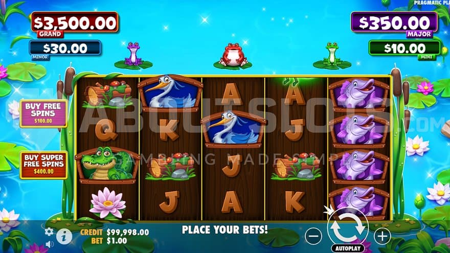 A casino slot in a lake with 3 toads above the reels.