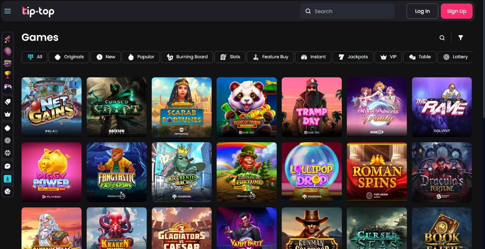 Tip-Top Casino games page featuring popular slot titles