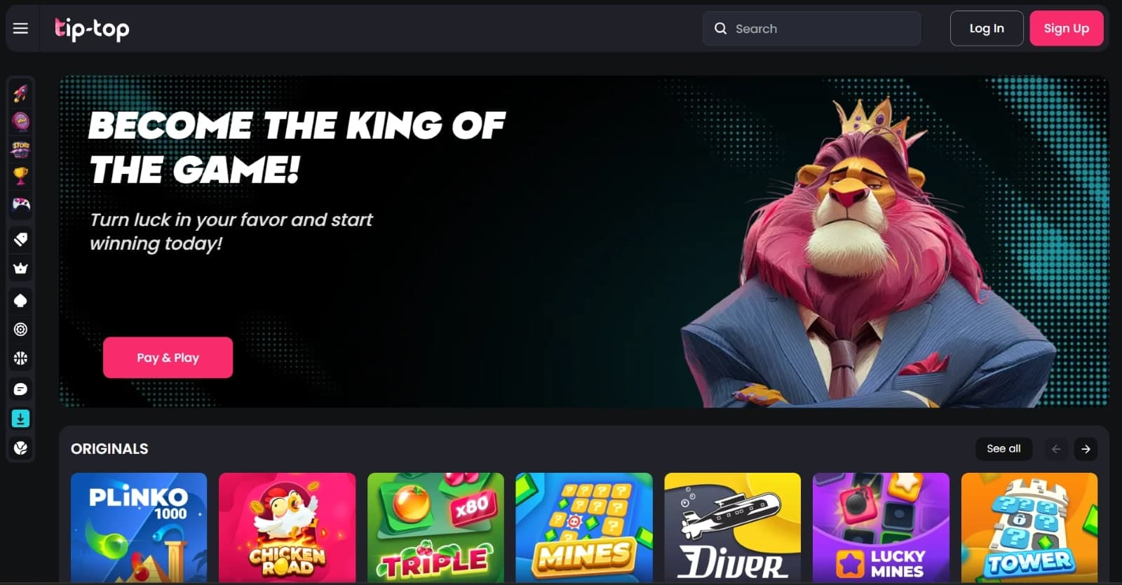 Tip-Top Casino landing page featuring the King Lion mascot above original games