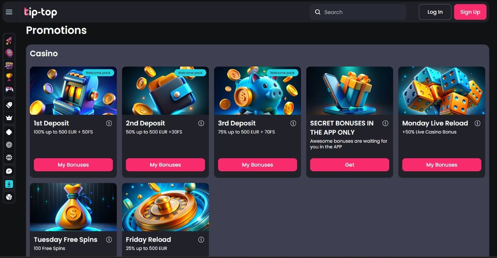 Tip-Top Casino promotions page featuring welcome, reload bonuses and free spins