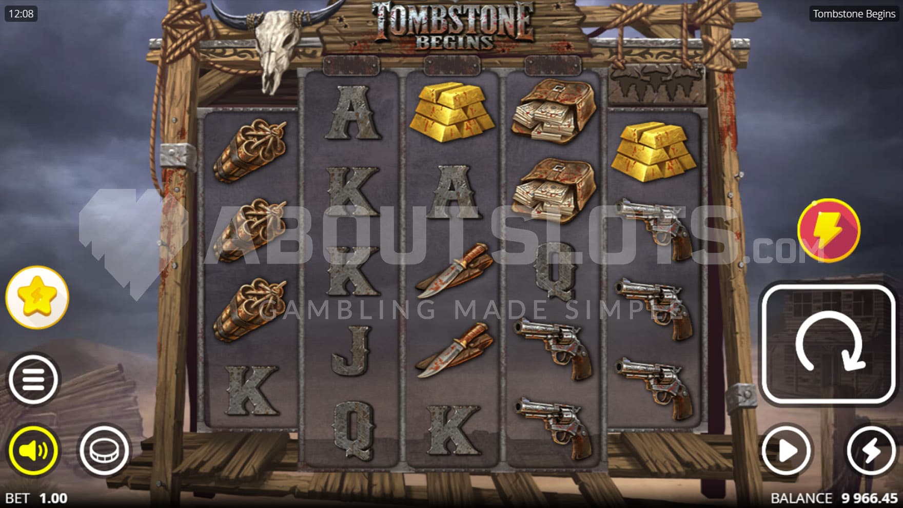 Base Game view of a 5-reel grid on a backdrop of barren Wild West badlands.