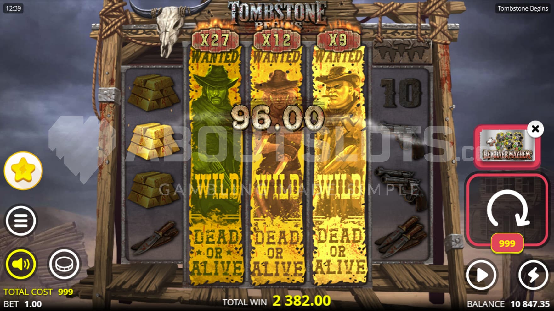 Revolver Mayhem feature triggered from the Nolimit Booster menu, resulting in 3 xNudge Wilds on middle reels.