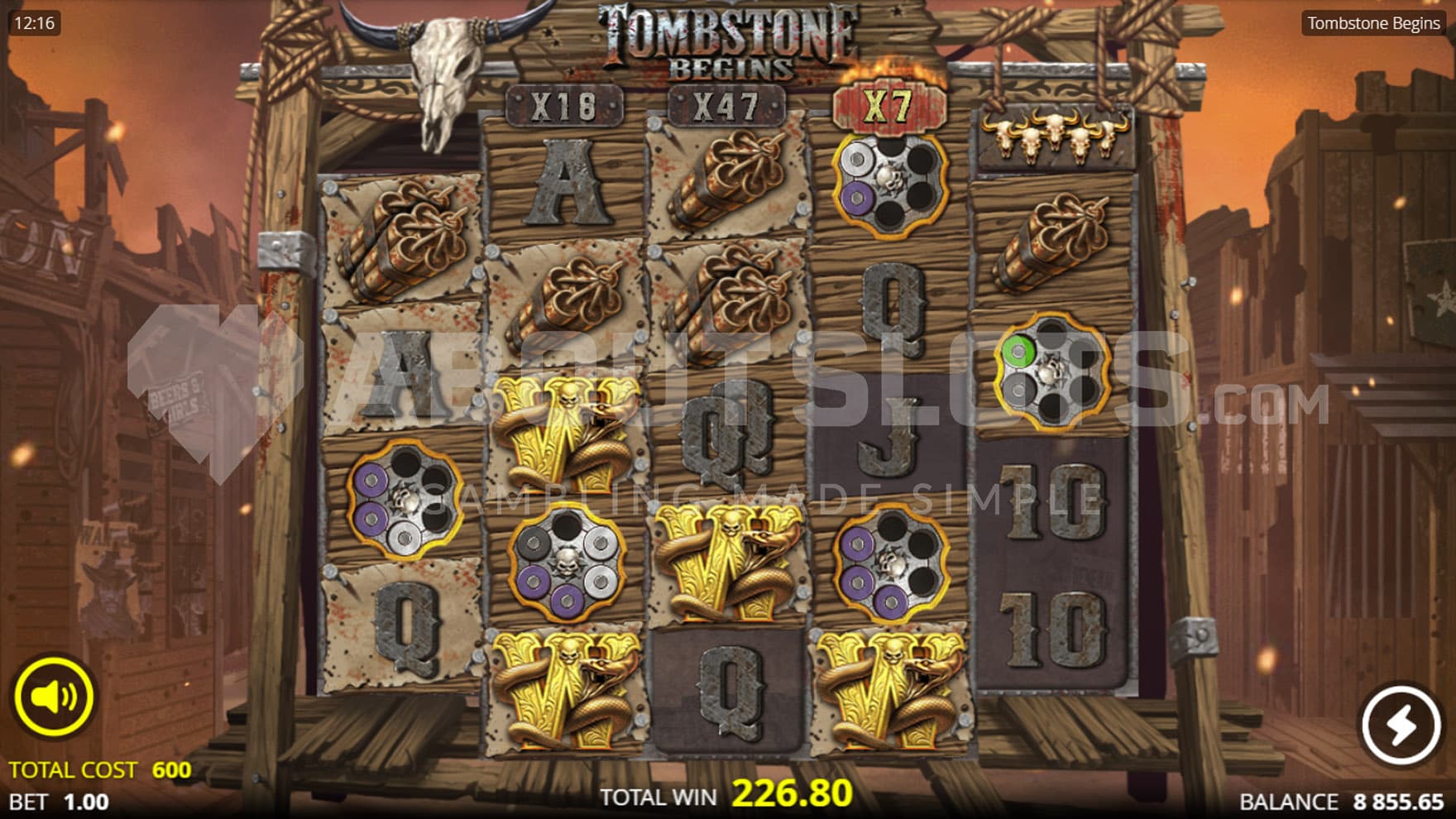 Widowmaker Spins in progress, showing multiple Revolver and Wild symbols sticky on the reels.