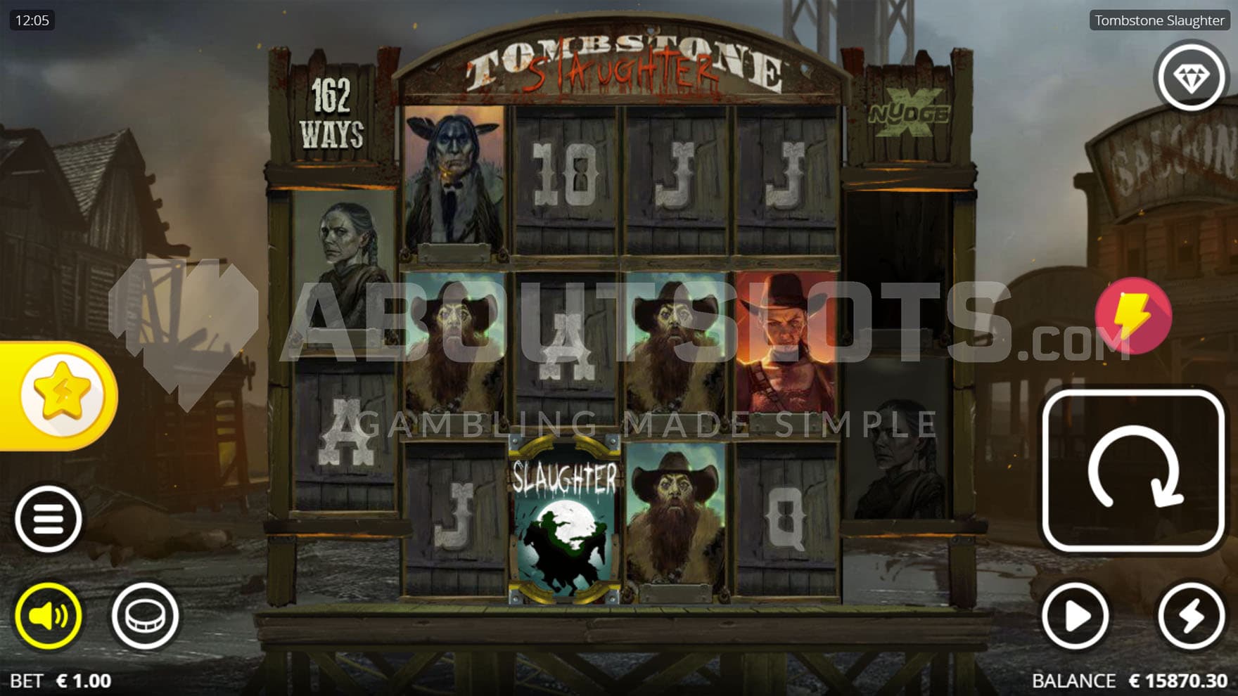 Base Game view of a 2-3-3-3-3-2 grid on the backdrop of a destroyed town in the Wild West on a gloomy day.