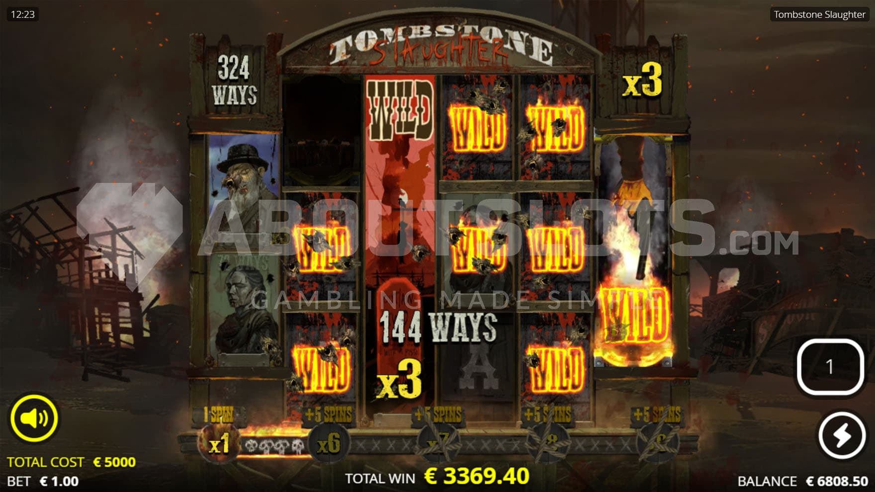 Massacre Spins bonus in progress with majority of screen covered with Wilds and a win on 144 ways.