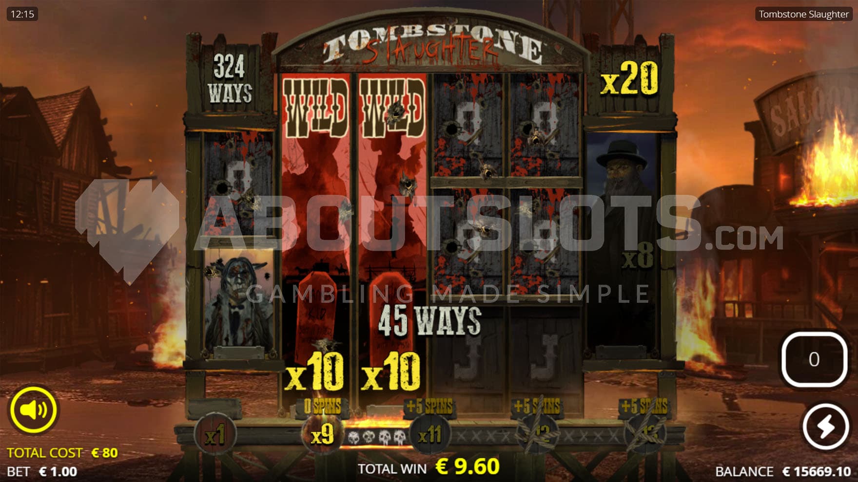 Slaughter Spins bonus in progress with 3rd level achieved on the meter, a x20 multiplier and a win with 2 fully stacked Wilds on reels 2 and 3.