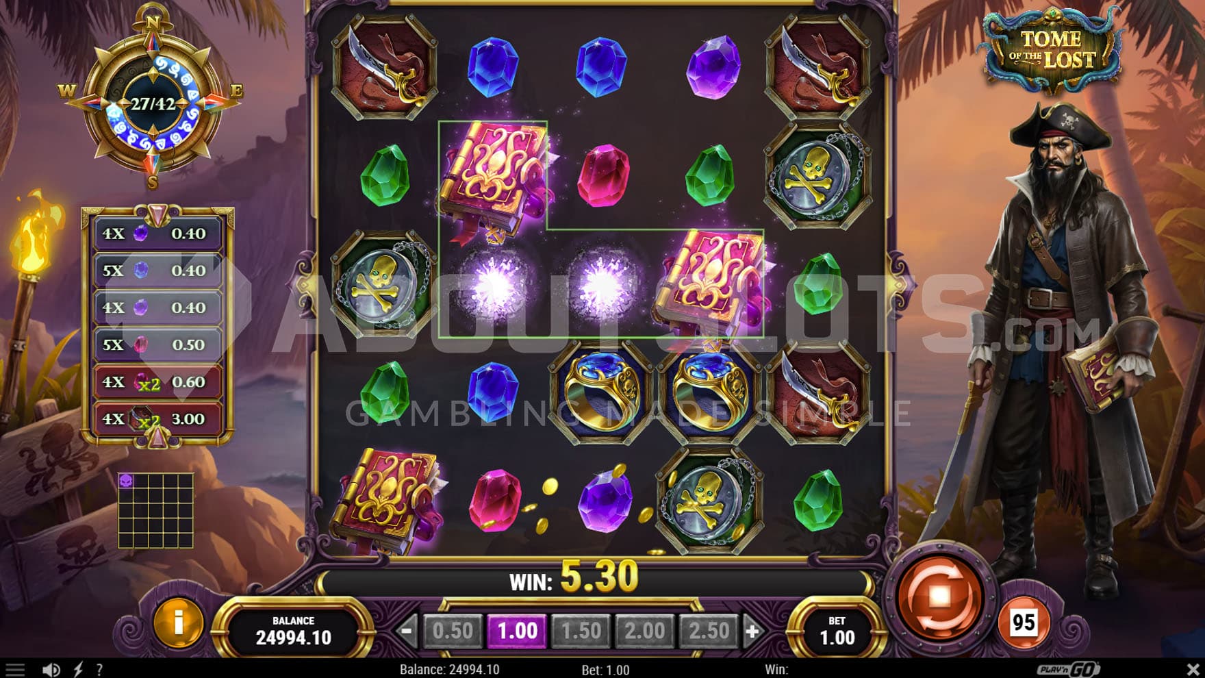 Base Game view of a 5x5 grid on a backdrop of tropical islands at dusk an with a pirate standing on the right side of the panel.