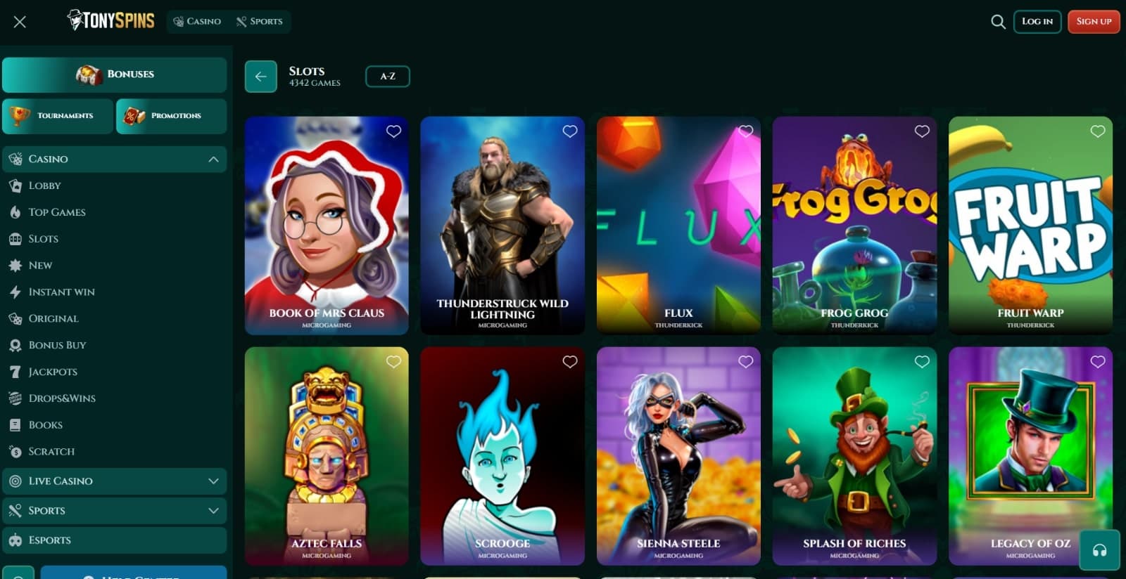 TonySpins Casino's games page featuring some of the slots available, alongside the table games, live casino and sports betting sections