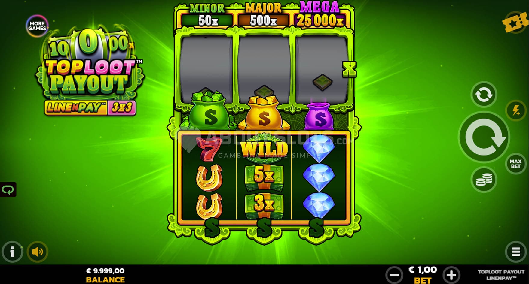 Screenshot of a base game with a 3x3 slot on a green background.