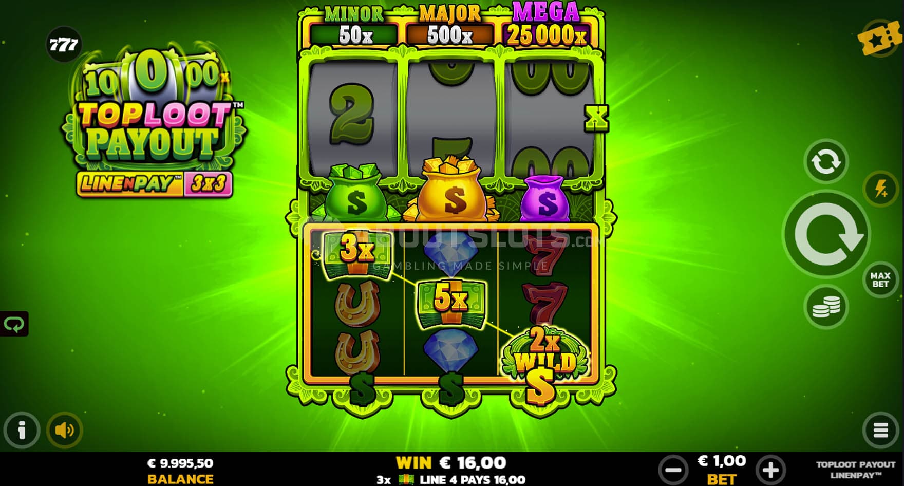 A payline of cash symbols created with a an x2 Wild Multiplier.