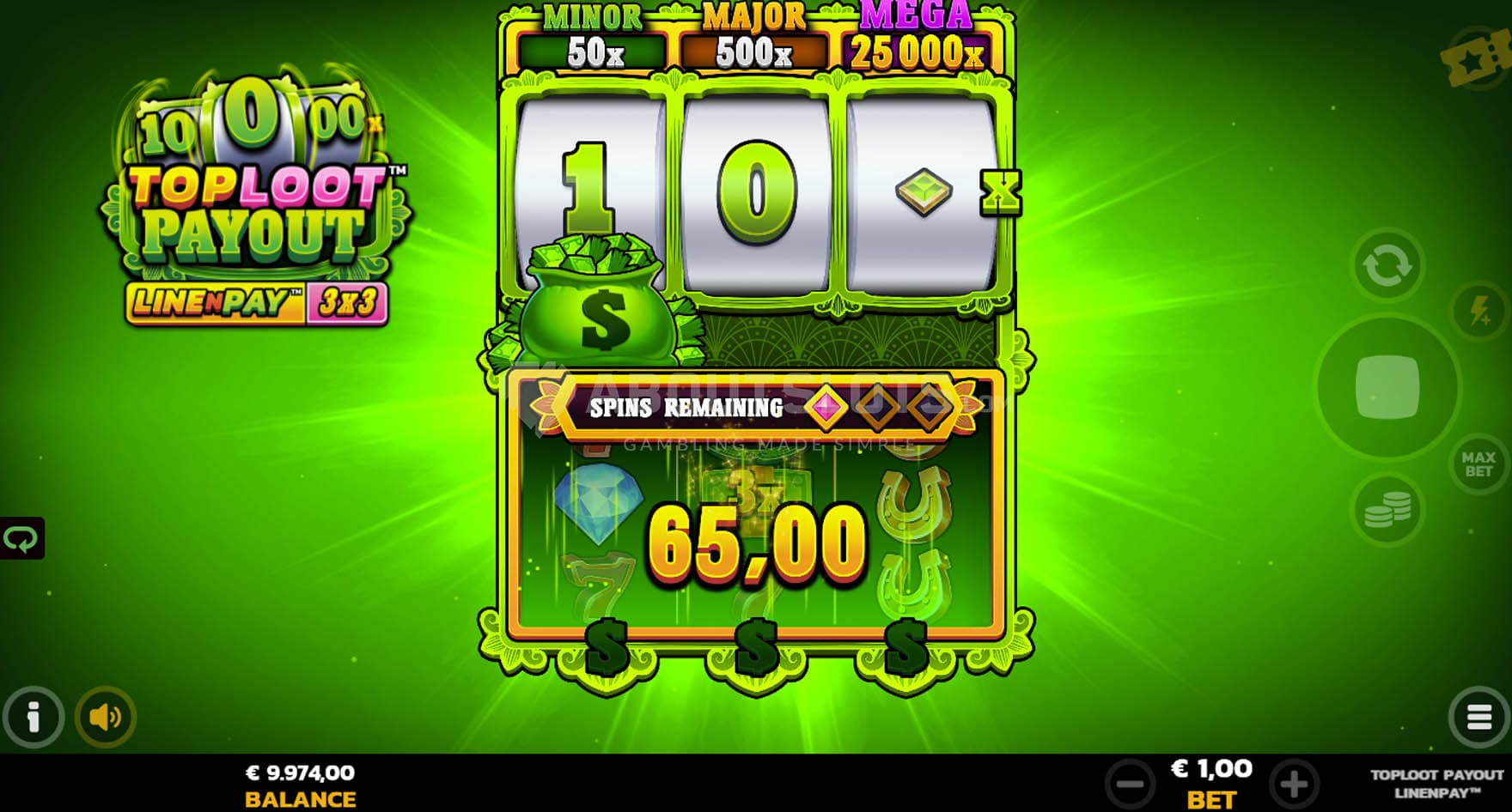 Screenshot of the TopLoot feature in progress, awarding a prize of 10x the bet.