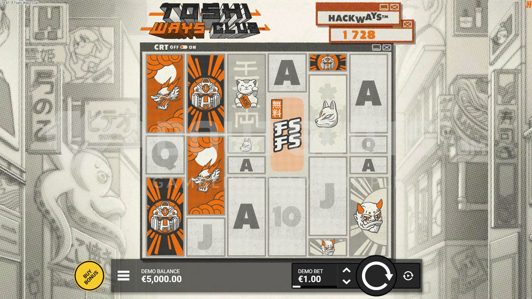 Base Game view of a 6-reel grid with alternating symbols per reel, on a monochromatic backdrop of a Japanese street.