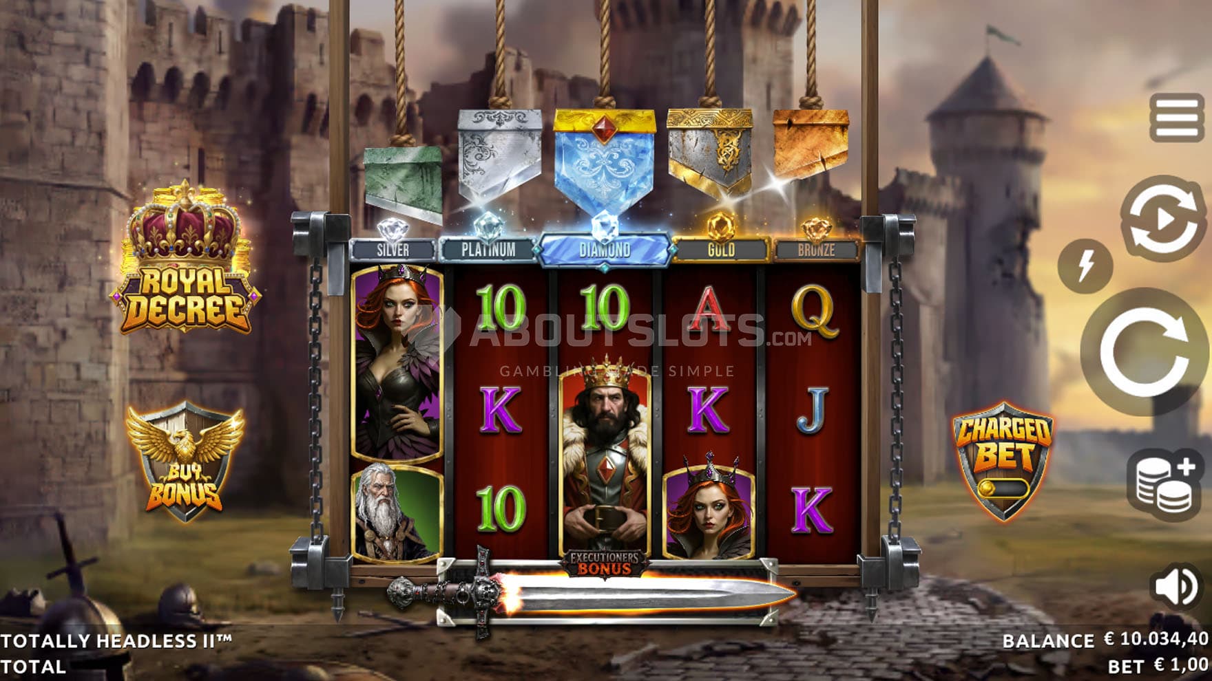 Screenshot of the base game, showing a 5x3 grid on a backdrop of a medieval battlefield.