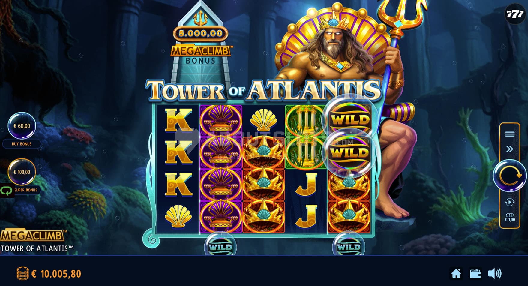 Screenshot of the base game, showing a 5x4 grid on a backdrop of underwater ruins with Poseidon sitting on a throne.