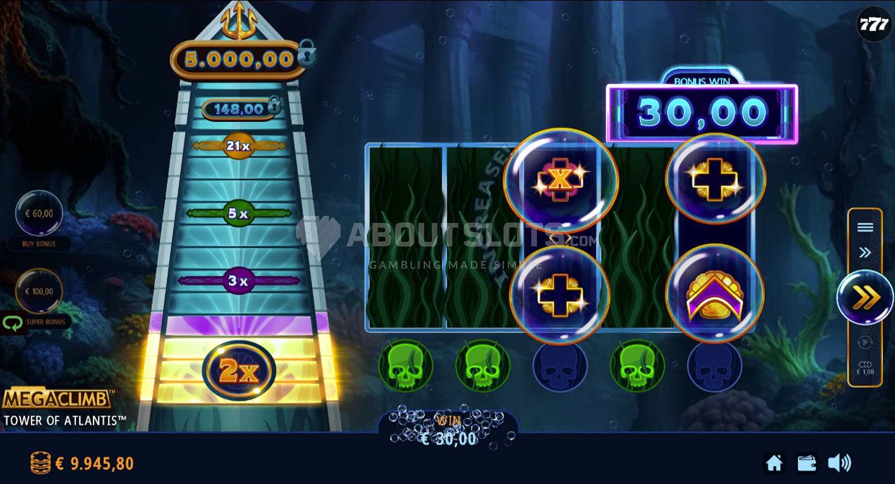 Screenshot of the bonus game in progress, with multiple special symbols hit on active reels.