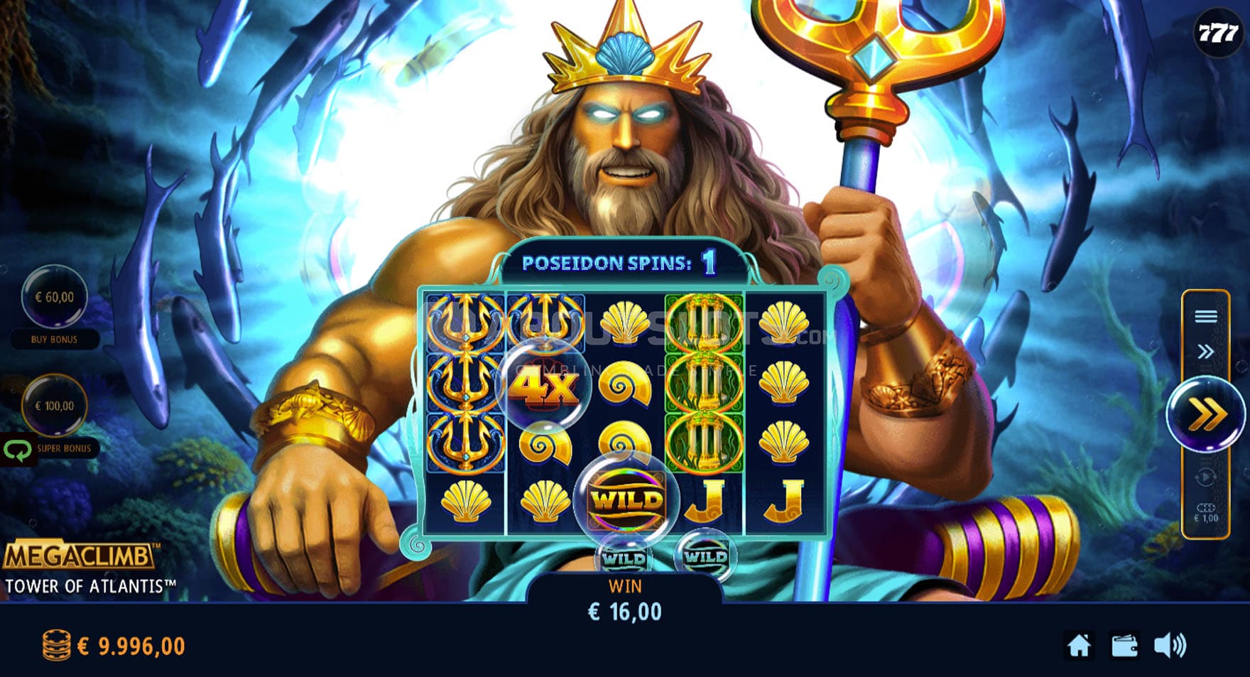 Screenshot of the Poseidon Spins feature triggered in the base game.