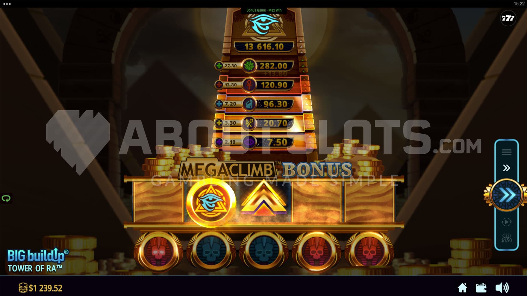 Tower of Ra Bonus in progress, showing 3 of the Megaclimb prizes unlocked.